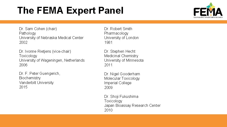 The FEMA Expert Panel Dr. Sam Cohen (chair) Pathology University of Nebraska Medical Center