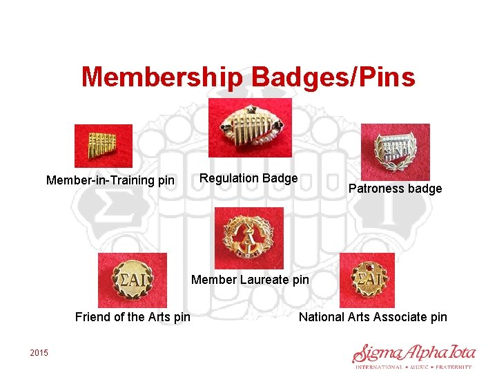 Membership Badges/Pins Member-in-Training pin Regulation Badge Patroness badge Member Laureate pin Friend of the