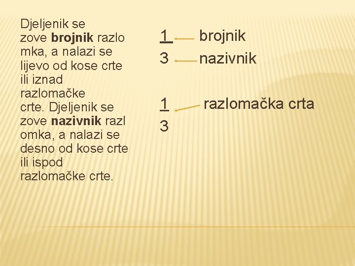 Djeljenik se zove brojnik razlo mka, a nalazi se lijevo od kose crte ili