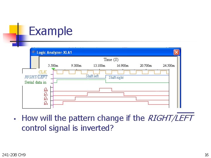 Example CLK RIGHT/LEFT Serial data in Shift left Shift right Q 0 Q 1