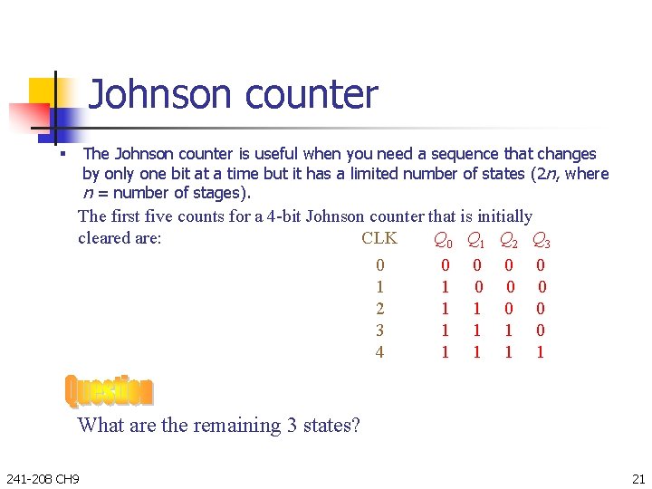 Johnson counter The Johnson counter is useful when you need a sequence that changes