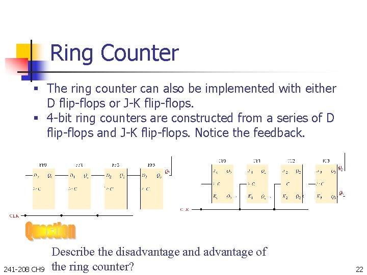 Ring Counter § The ring counter can also be implemented with either D flip-flops
