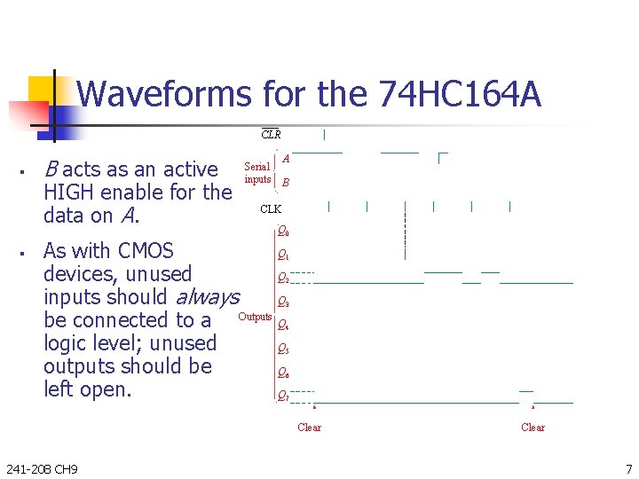 Waveforms for the 74 HC 164 A CLR § § B acts as an