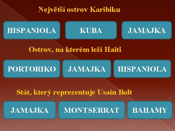 Největší ostrov Karibiku HISPANIOLA KUBA JAMAJKA Ostrov, na kterém leží Haiti PORTORIKO JAMAJKA HISPANIOLA