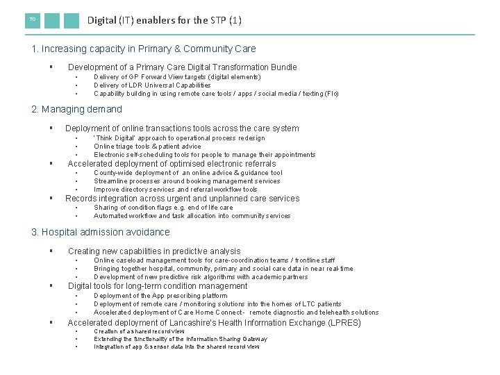 Digital (IT) enablers for the STP (1) 70 1. Increasing capacity in Primary &