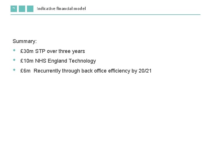 Indicative financial model 72 Summary: • • • £ 30 m STP over three