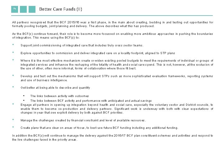 76 Better Care Funds (II) All partners recognised that the BCF 2015/16 was a