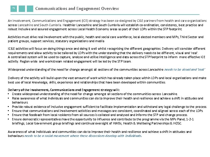 79 Communications and Engagement Overview An Involvement, Communications and Engagement (ICE) strategy has been