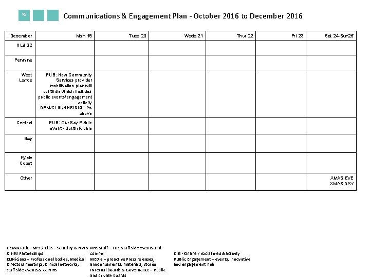 95 December Communications & Engagement Plan - October 2016 to December 2016 Mon 19