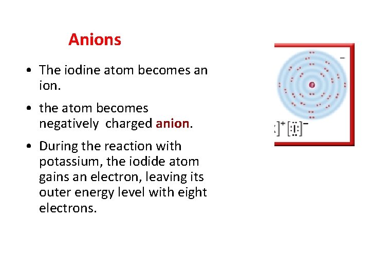 Anions • The iodine atom becomes an ion. • the atom becomes negatively charged