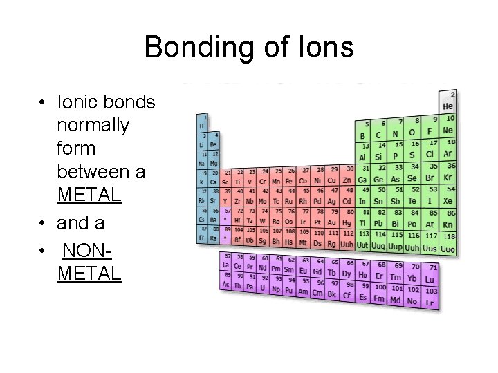 Bonding of Ions • Ionic bonds normally form between a METAL • and a