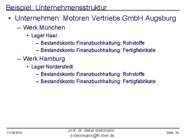 Beispiel: Unternehmensstruktur • Unternehmen: Motoren Vertriebs Gmb. H Augsburg – Werk München • Lager