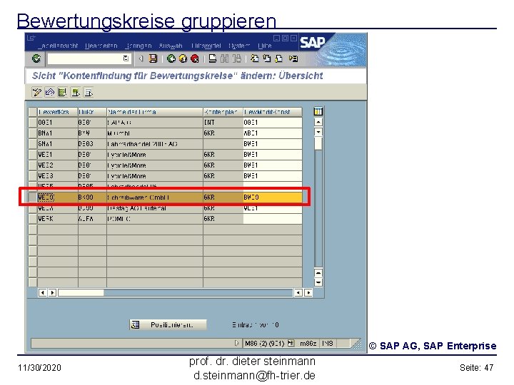 Bewertungskreise gruppieren © SAP AG, SAP Enterprise 11/30/2020 prof. dr. dieter steinmann d. steinmann@fh-trier.