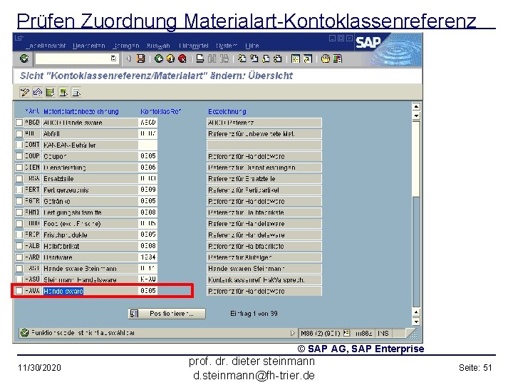 Prüfen Zuordnung Materialart-Kontoklassenreferenz © SAP AG, SAP Enterprise 11/30/2020 prof. dr. dieter steinmann d.