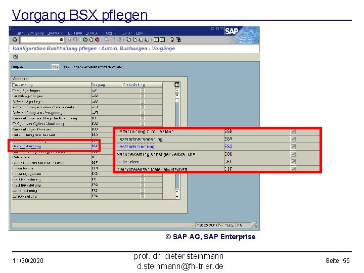 Vorgang BSX pflegen © SAP AG, SAP Enterprise 11/30/2020 prof. dr. dieter steinmann d.