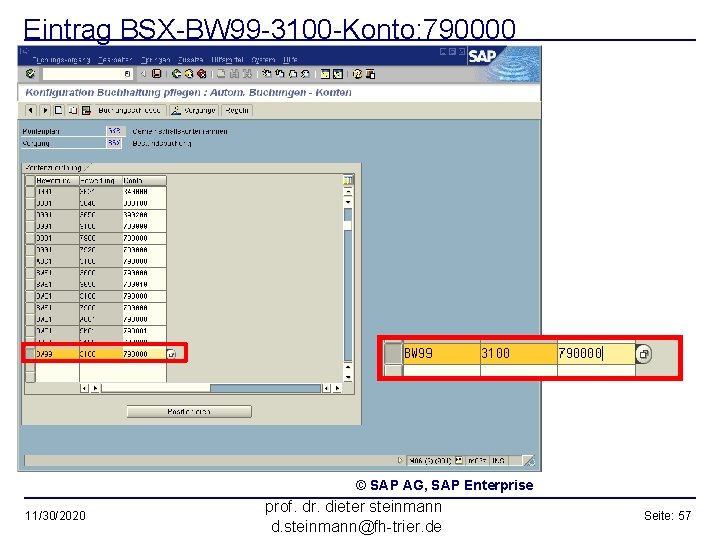 Eintrag BSX-BW 99 -3100 -Konto: 790000 © SAP AG, SAP Enterprise 11/30/2020 prof. dr.