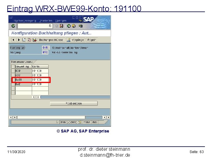 Eintrag WRX-BWE 99 -Konto: 191100 © SAP AG, SAP Enterprise 11/30/2020 prof. dr. dieter