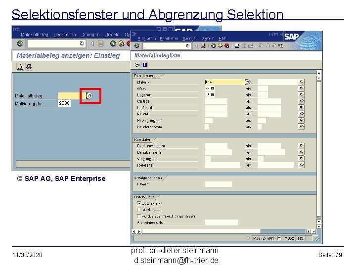 Selektionsfenster und Abgrenzung Selektion © SAP AG, SAP Enterprise 11/30/2020 prof. dr. dieter steinmann