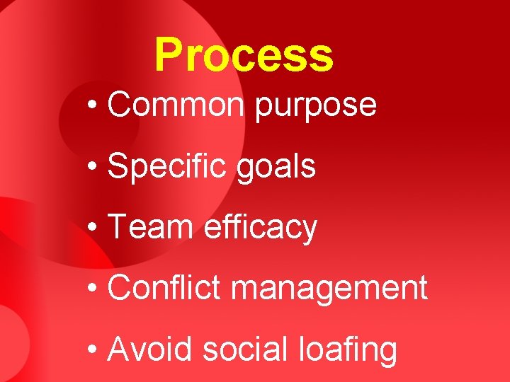 Process • Common purpose • Specific goals • Team efficacy • Conflict management •