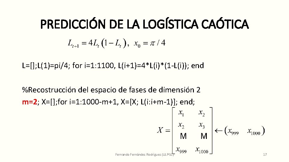 PREDICCIÓN DE LA LOGÍSTICA CAÓTICA L=[]; L(1)=pi/4; for i=1: 1100, L(i+1)=4*L(i)*(1 -L(i)); end %Recostrucción