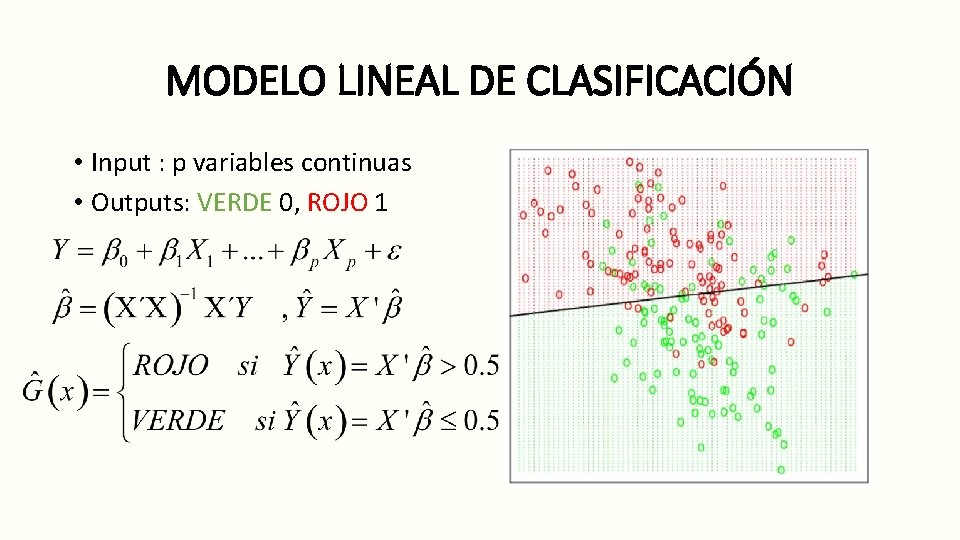 MODELO LINEAL DE CLASIFICACIÓN • Input : p variables continuas • Outputs: VERDE 0,