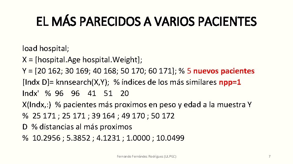 EL MÁS PARECIDOS A VARIOS PACIENTES load hospital; X = [hospital. Age hospital. Weight];