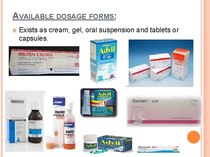 AVAILABLE DOSAGE FORMS: Exists as cream, gel, oral suspension and tablets or capsules. 