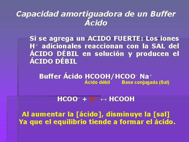 Capacidad amortiguadora de un Buffer Ácido Si se agrega un ACIDO FUERTE: Los iones