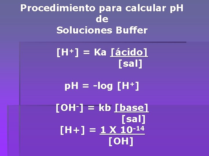 Procedimiento para calcular p. H de Soluciones Buffer [H+] = Ka [ácido] [sal] p.