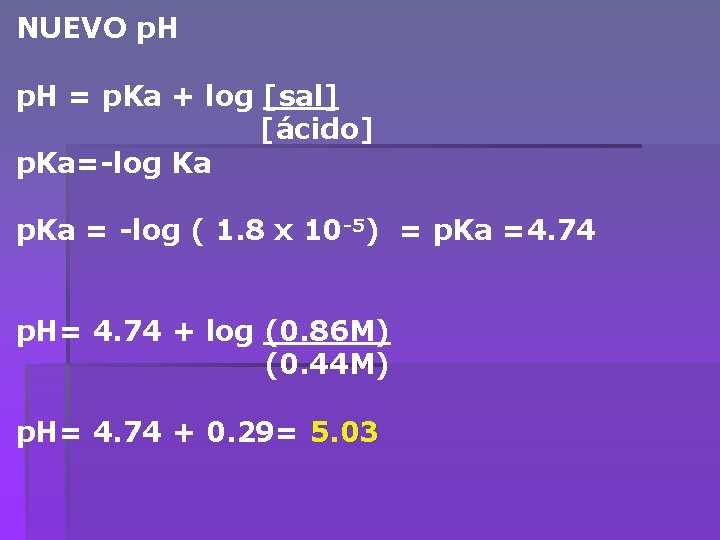 NUEVO p. H = p. Ka + log [sal] [ácido] p. Ka=-log Ka p.