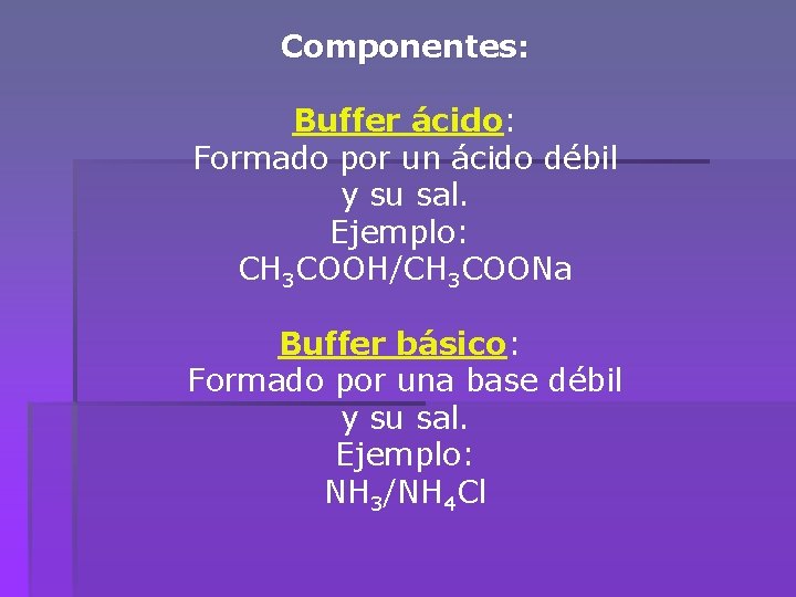 Componentes: Buffer ácido: Formado por un ácido débil y su sal. Ejemplo: CH 3