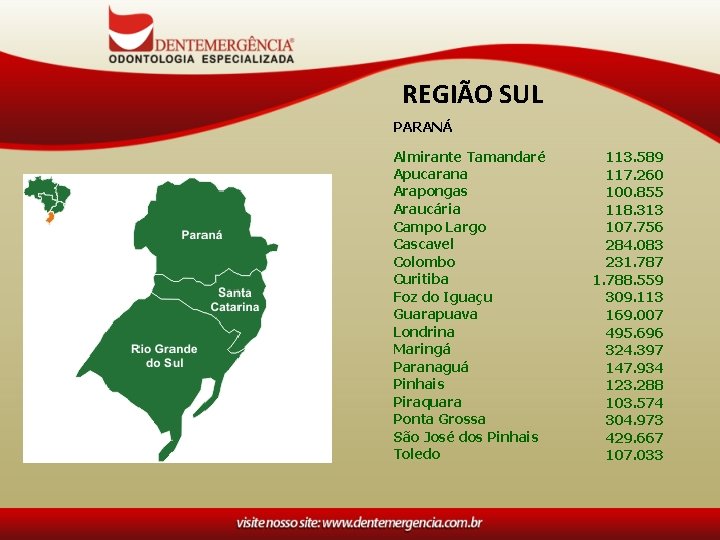 REGIÃO SUL PARANÁ Almirante Tamandaré Apucarana Arapongas Araucária Campo Largo Cascavel Colombo Curitiba Foz