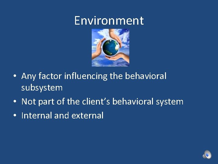 Environment • Any factor influencing the behavioral subsystem • Not part of the client’s