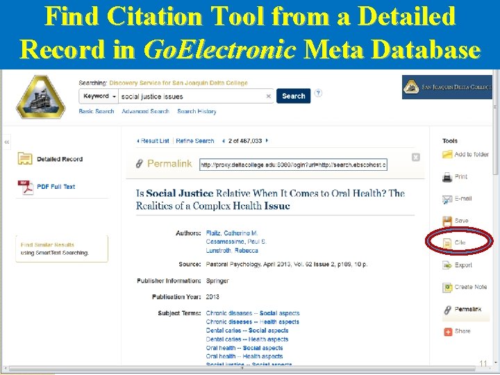 Find Citation Tool from a Detailed Record in Go. Electronic Meta Database 11 