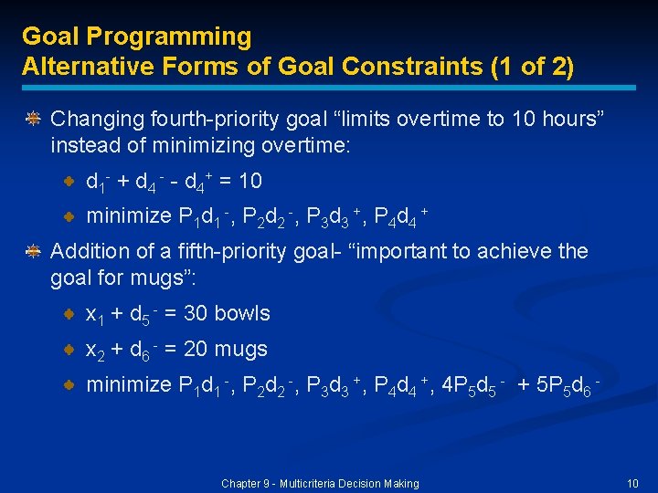 Goal Programming Alternative Forms of Goal Constraints (1 of 2) Changing fourth-priority goal “limits