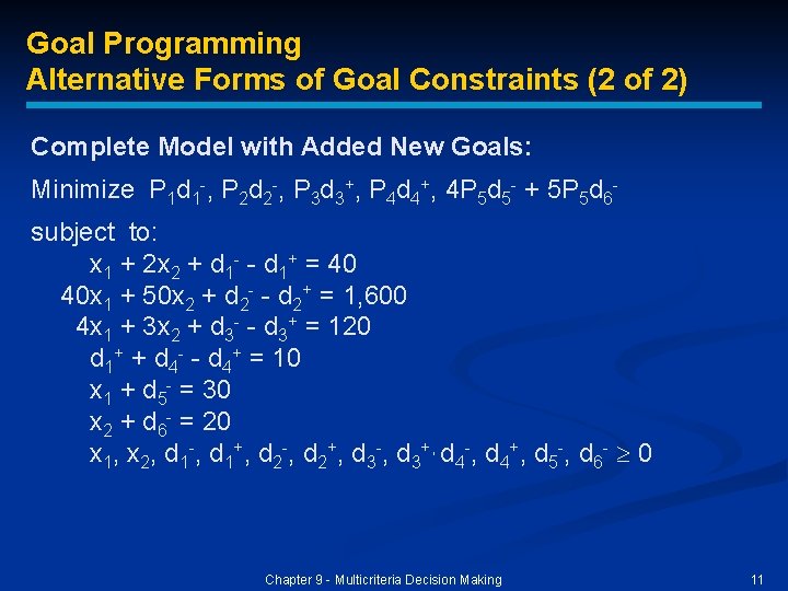Goal Programming Alternative Forms of Goal Constraints (2 of 2) Complete Model with Added Goal Programming Alternative Forms of Goal Constraints (2 of 2) Complete Model with Added