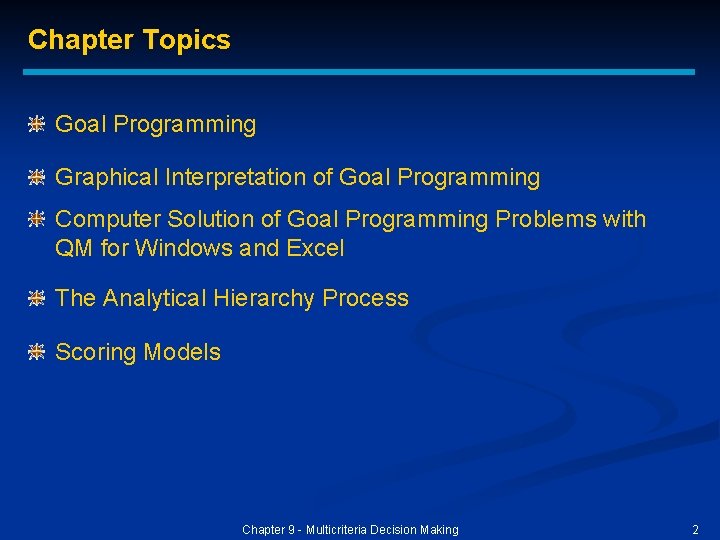 Chapter Topics Goal Programming Graphical Interpretation of Goal Programming Computer Solution of Goal Programming Chapter Topics Goal Programming Graphical Interpretation of Goal Programming Computer Solution of Goal Programming