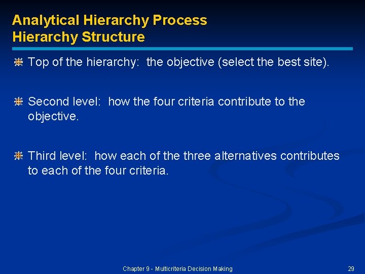 Analytical Hierarchy Process Hierarchy Structure Top of the hierarchy: the objective (select the best