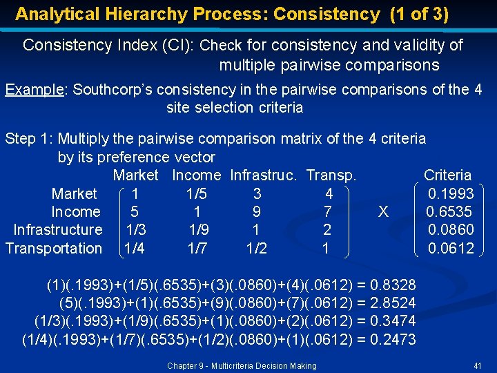 Analytical Hierarchy Process: Consistency (1 of 3) Consistency Index (CI): Check for consistency and