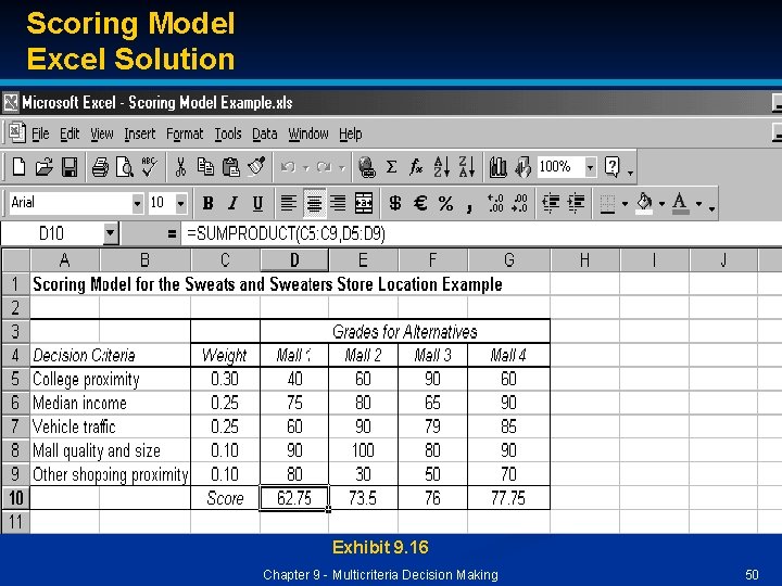 Scoring Model Excel Solution Exhibit 9. 16 Chapter 9 - Multicriteria Decision Making 50