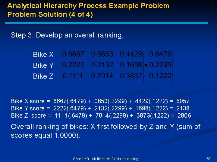 Analytical Hierarchy Process Example Problem Solution (4 of 4) Step 3: Develop an overall Analytical Hierarchy Process Example Problem Solution (4 of 4) Step 3: Develop an overall