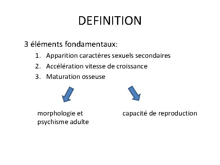 DEFINITION 3 éléments fondamentaux: 1. Apparition caractères sexuels secondaires 2. Accélération vitesse de croissance