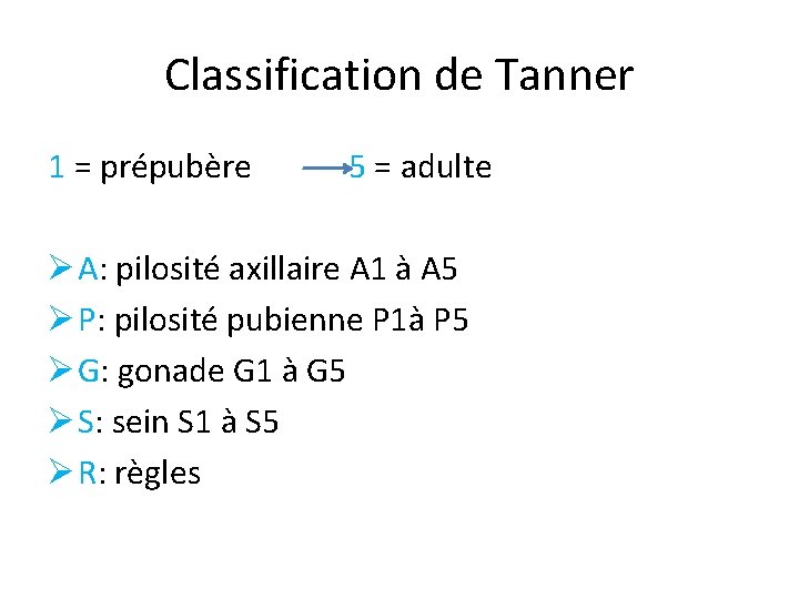 Classification de Tanner 1 = prépubère 5 = adulte Ø A: pilosité axillaire A