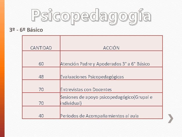 Psicopedagogía 3º - 6º Básico CANTIDAD ACCIÓN 60 Atención Padre y Apoderados 3° a