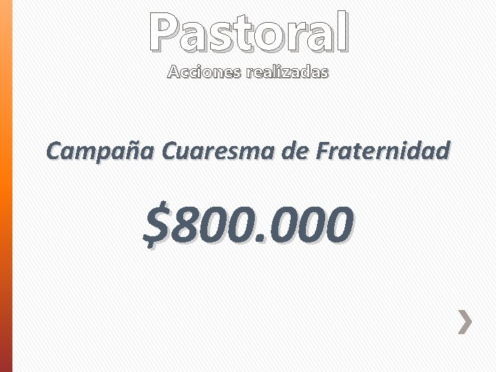 Pastoral Acciones realizadas Campaña Cuaresma de Fraternidad $800. 000 