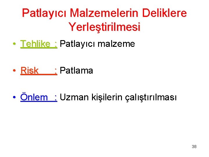 Patlayıcı Malzemelerin Deliklere Yerleştirilmesi • Tehlike : Patlayıcı malzeme • Risk : Patlama •