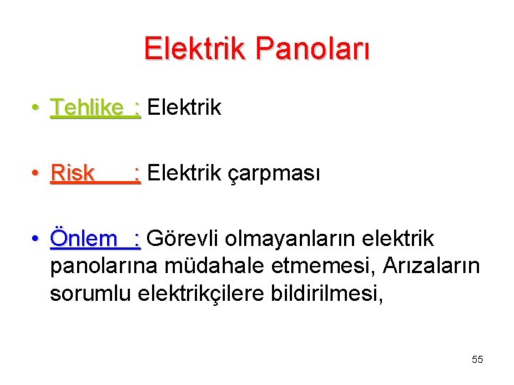 Elektrik Panoları • Tehlike : Elektrik • Risk : Elektrik çarpması • Önlem :