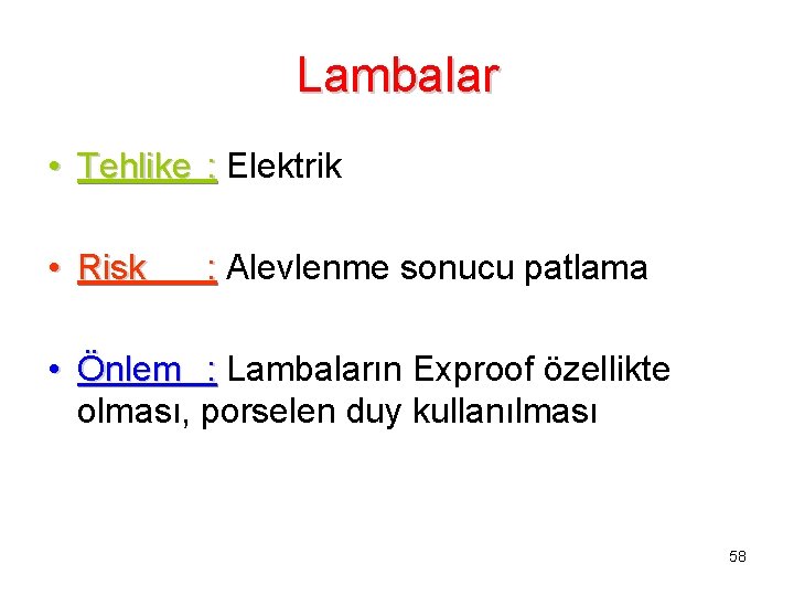 Lambalar • Tehlike : Elektrik • Risk : Alevlenme sonucu patlama • Önlem :