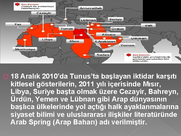 � 18 Aralık 2010’da Tunus’ta başlayan iktidar karşıtı kitlesel gösterilerin, 2011 yılı içerisinde Mısır,