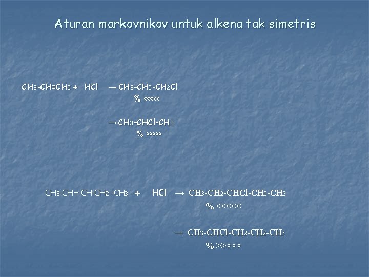 Aturan markovnikov untuk alkena tak simetris CH 3 -CH=CH 2 + HCl → CH